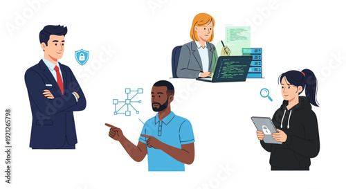 Diverse team of professionals collaborating on cybersecurity, data protection, network architecture, and software development, illustrating various roles in IT management and digital security.