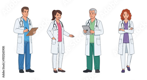 Diverse medical team standing together, featuring male and female doctors in lab coats and scrubs. Professional healthcare staff illustration.