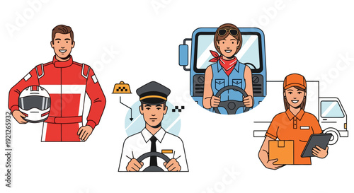 Diverse Professional Drivers Illustration: Race Car, Taxi, Truck, and Delivery Service Workers