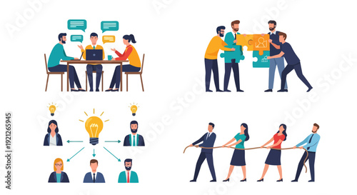 Business Collaboration and Strategy Vector Icon Set: Team Meetings, Puzzle Solving, Brainstorming Ideas, and Tug-of-War Competition