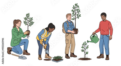 Diverse Group Planting and Watering Trees for Environmental Conservation