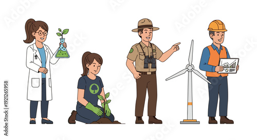 Diverse Professionals in Sustainability, Environmental Science, and Green Energy Careers Vector Illustration