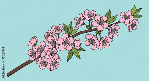 Blossoming cherry tree branch with pink flowers and green leaves on a light blue background
