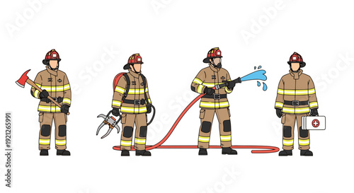 Firefighters with various rescue tools and equipment set. Cartoon vector illustration of firemen using an axe, hydraulic spreader, fire hose, and first aid kit for emergency services.