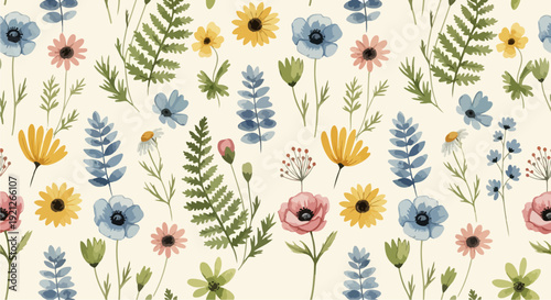 Seamless cottagecore floral print with romantic roses and wild meadow flowers