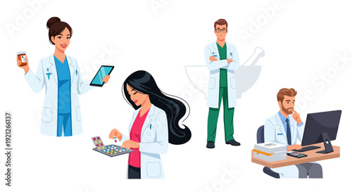 Diverse Team of Pharmacists and Healthcare Professionals Managing Medications and Patient Care. Vector Illustration Set.