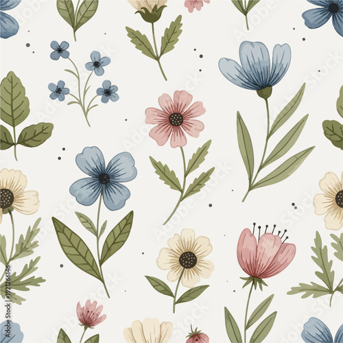 Cute hand drawn flower garden pattern with playful shapes and balanced composition