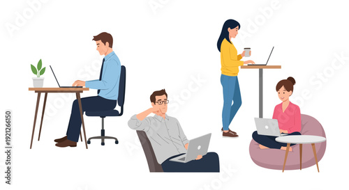 People Working on Laptops in Flexible and Diverse Settings. Illustration of individuals engaged in remote work, freelancing, or online study from home offices and various comfortable postures.