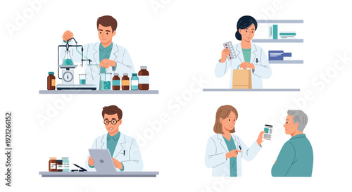 Pharmacist and Chemist Professional Activities Vector Illustration Set