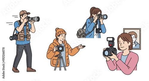 Diverse group of photographers capturing moments with various camera equipment and styles, featuring men and women engaged in different aspects of photography.