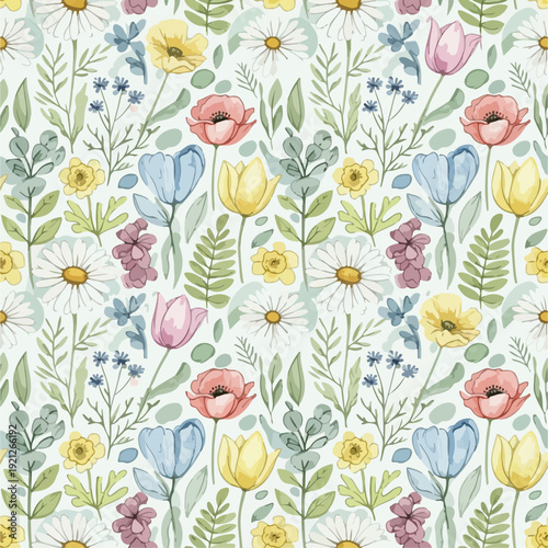 Charming spring floral background with stylized blossoms and scattered botanical details