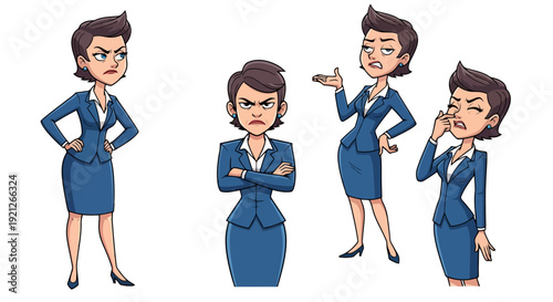 Annoyed Businesswoman Cartoon Character Set with Various Negative Expressions and Poses