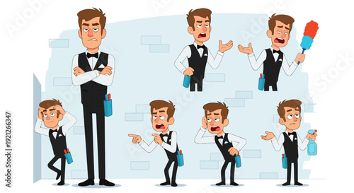 Cartoon waiter or cleaning staff experiencing frustration and boredom with work tasks and cleaning tools