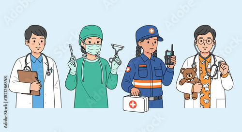 Diverse Medical and Healthcare Professionals Team with Doctor, Surgeon, Paramedic, and Pediatrician Characters Vector Illustration