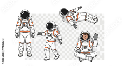 Astronaut characters in different poses for space exploration and science themed designs