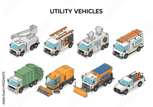 Collection of isometric utility vehicles, including garbage trucks, snowplows, and service vans, on a white background