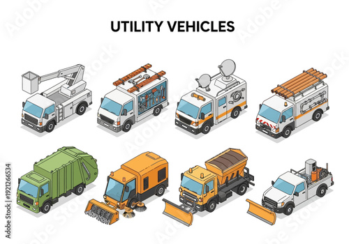 Collection of isometric utility vehicles including garbage trucks, snowplows, and tow trucks for city services