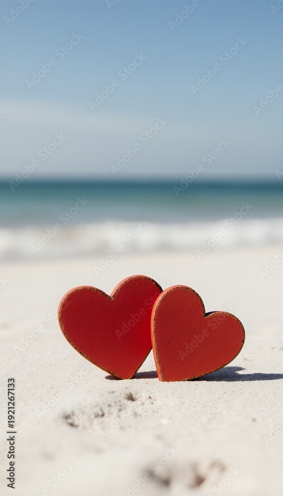 Fototapeta premium Two Red Hearts on Sandy Beach with Ocean and Blue Sky