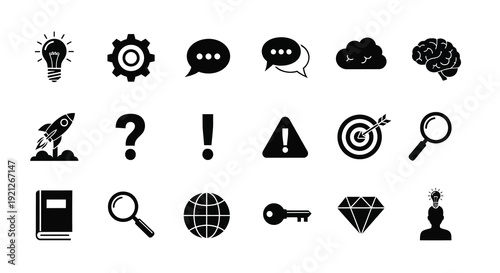Collection of black icons representing ideas technology and problem solving silhouette