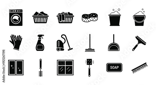 Black and white icons depicting cleaning supplies and laundry silhouette