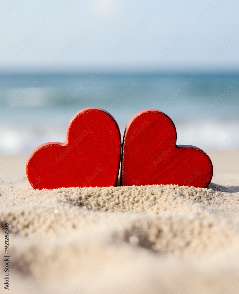 Fototapeta premium Romantic Heart Shape Decoration on Sandy Beach in Summer Sunlight