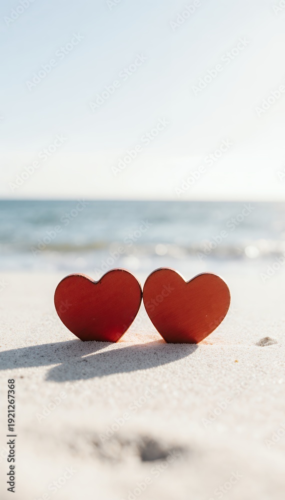 Fototapeta premium Two Heart Symbols on Sandy Beach with Calm Ocean Background