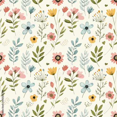 Seamless cottagecore garden blossom pattern with soft pink roses and subtle greenery in timeless repeating design