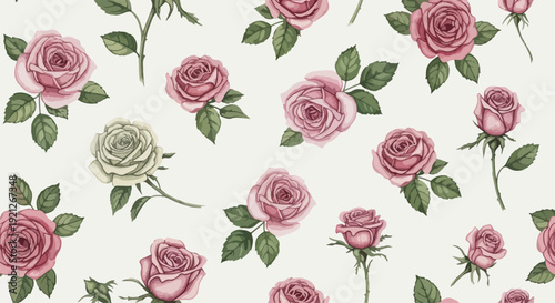 Seamless cottagecore flower background with stylized roses and tender wild meadow blooms in balanced decorative composition