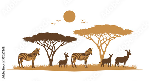 Savannah animals standing together under trees at sunrise