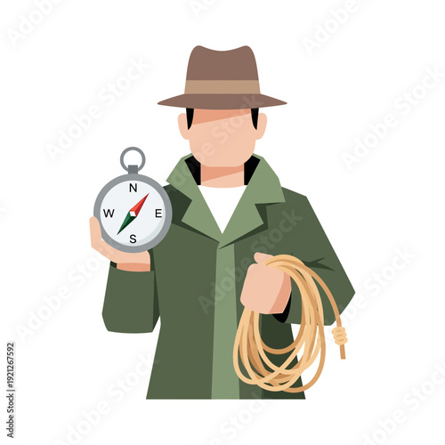 Adventurer holding compass and rope, ready for exploration