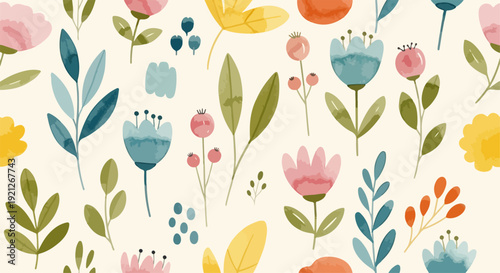 Pastel botanical pattern with romantic scattered flowers