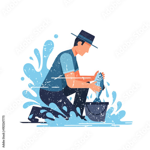 Fisherman holding fish near bucket with water splash