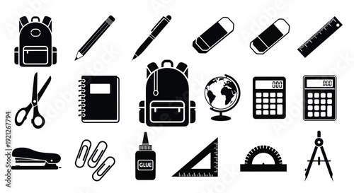 Black school supplies and learning tools arranged as a bold silhouette