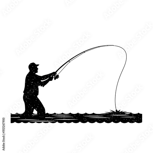 Fisherman silhouette with bent rod in water, fishing hobby