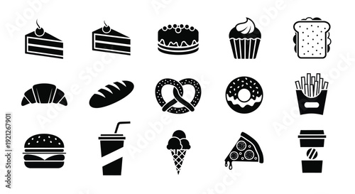 Black silhouettes of desserts pastries and fast food items silhouette