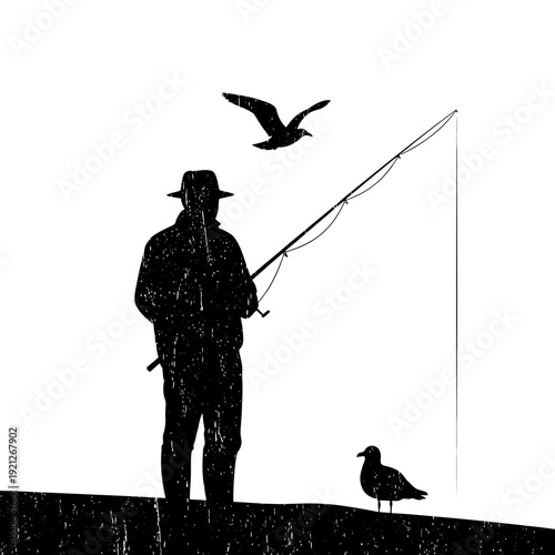 Fisherman silhouette with seagulls and fishing rod