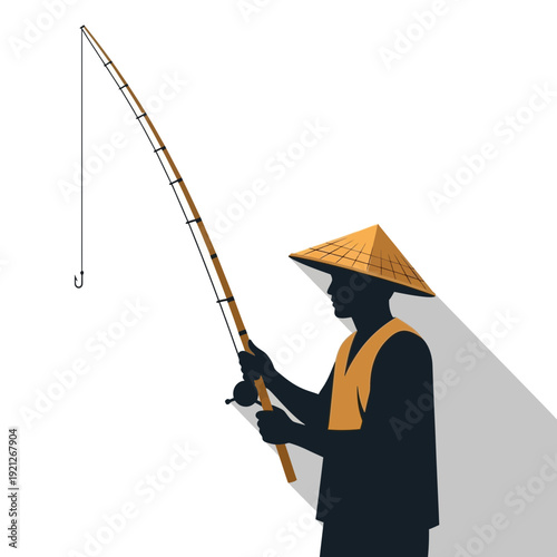 Fisherman silhouette with conical hat and fishing rod on white background.