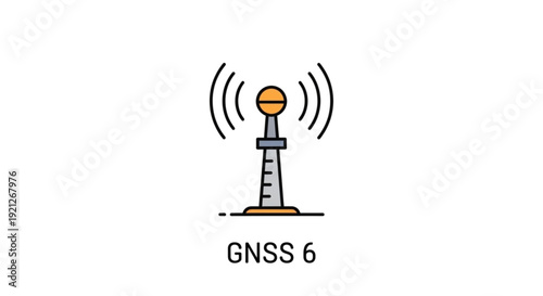 GNSS Antenna Icon with Signal Waves and Text, A flat vector icon illustration of a GNSS receiver antenna on a pole emitting signal waves, with the text "GNSS 6" below it.