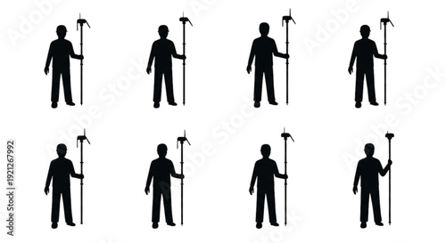 Standing Surveyor Silhouettes with GNSS Rover on Pole Set, A set of solid black vector silhouettes showing a surveyor in a hard hat standing and holding a GNSS rover on a pole in various poses.