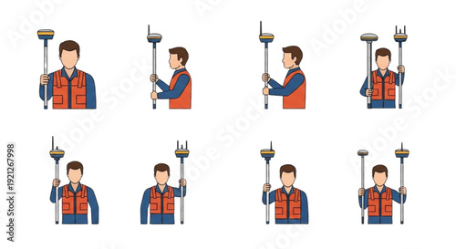 Male Surveyor Vector Illustrations with GNSS Rover Poses Set, A set of flat colored vector illustrations showing a male surveyor in an orange vest and hard hat holding and operating a GNSS rover