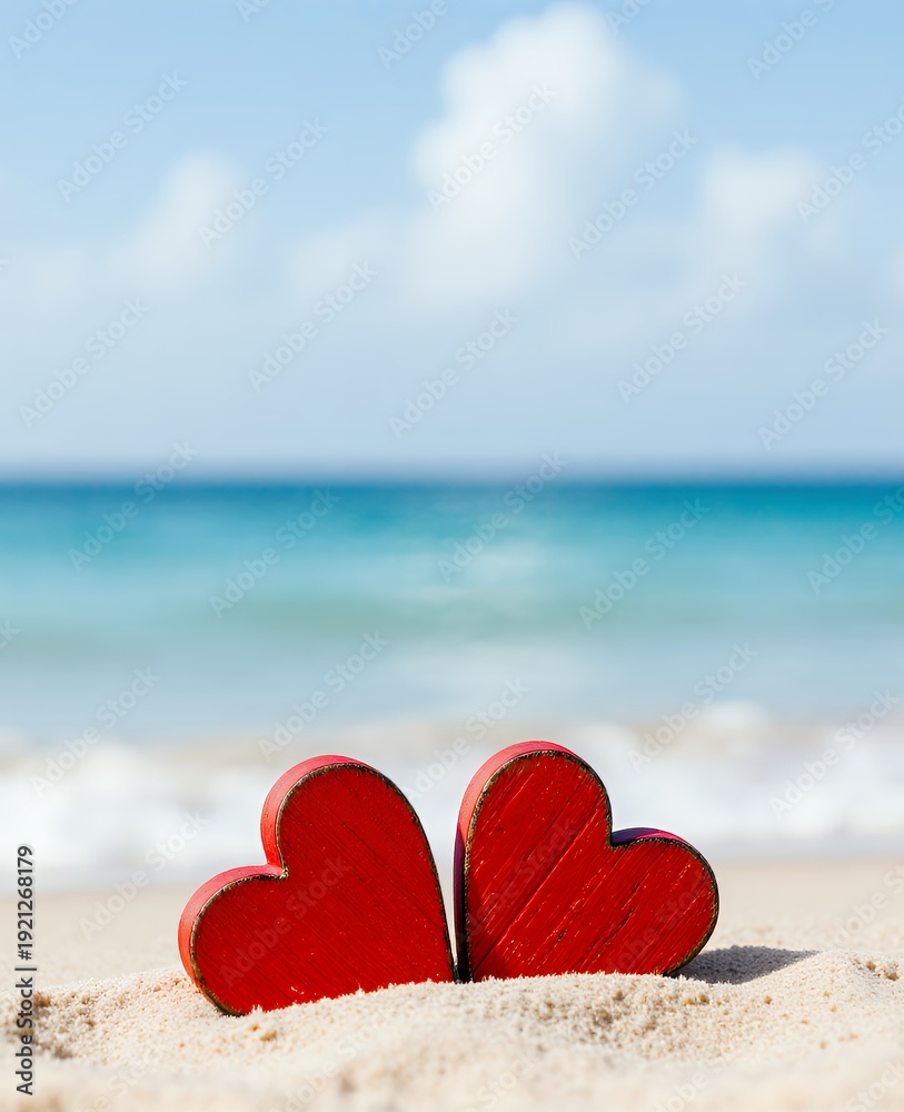 Fototapeta premium Elegant Tropical Scene with Red Hearts on Sandy Beach