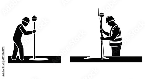 Two Construction Worker Silhouettes Inspecting Ground Holes, Holding GNSS pole, Black silhouettes of two construction workers wearing hard hats and safety vests, using poles to inspect or measure hole