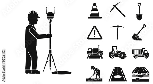 Land Surveyor Silhouette with Construction Tool Icons Set, A black silhouette of a land surveyor with tripod equipment standing over a hole, accompanied by a set of ten construction-related icons.