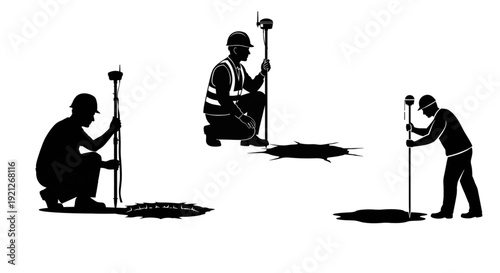 Three Land Surveyor Silhouettes Crouching with GPS GNSS Poles, Silhouettes of three land surveyors in different crouching and kneeling poses, using GPS rover poles to measure features on the ground.