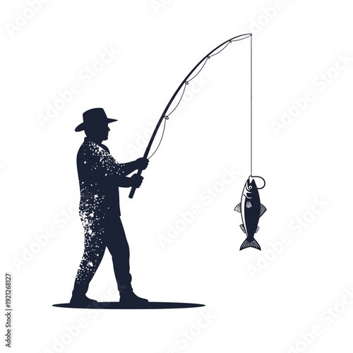 Silhouette fisherman with hat catches fish on rod