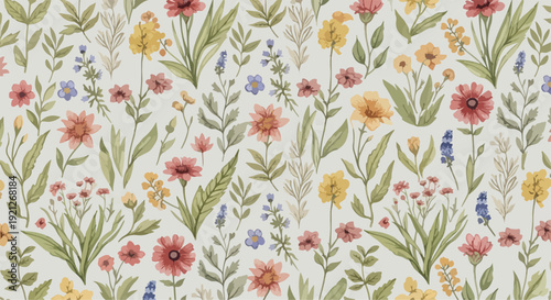 Soft romantic botanical print with roses and tulips