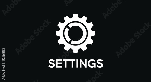 Settings icon with a gear and text stark black and white silhouette