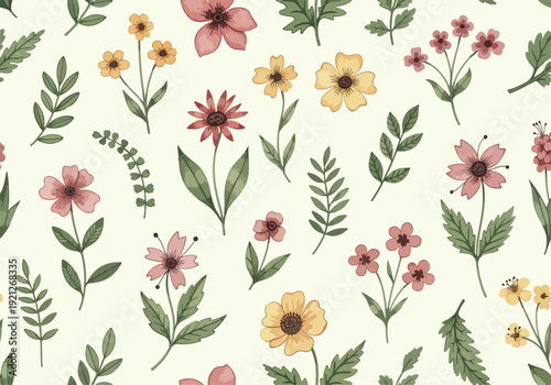 Soft pastel wildflower print with scattered blooms and leafy accents in repeating layout