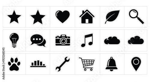 Collection of black icons representing various objects a clean silhouette