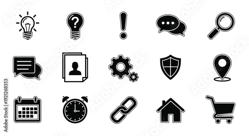 Collection of black icons representing ideas questions and more silhouette